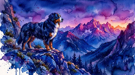 Watercolor Bernese Mountain Dog in Mountains