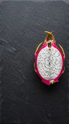 Halved Dragon Fruit on Black Slate