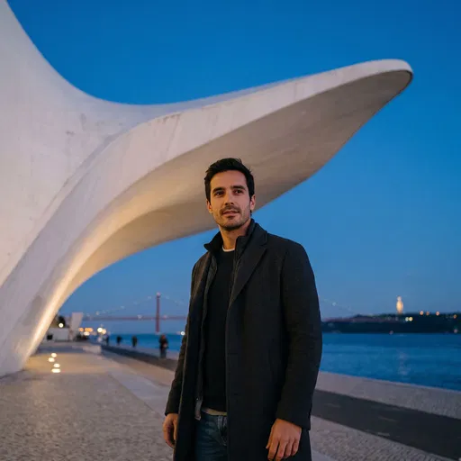 Man by Modern Waterfront Architecture at Dusk
