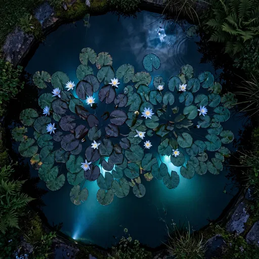 Overhead View of Illuminated Night Lily Pond