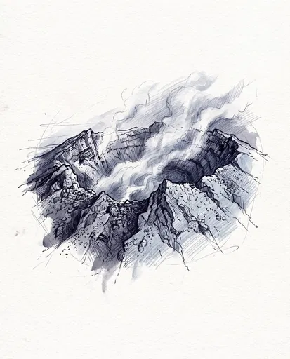 Indigo Ink Sketch of Steaming Volcanic Crater
