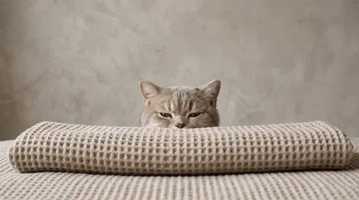 Sleepy Cat Peeking Over Waffle Blanket