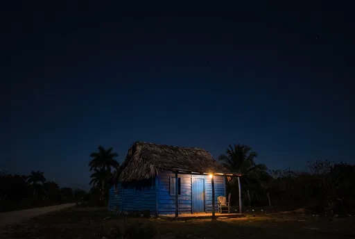 Blue Rural Cuban Hut at Night