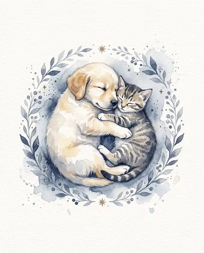 Watercolor Sleeping Puppy and Kitten Wreath