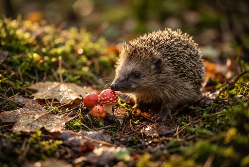 Hedgehog Sniffing Red Forest Mushrooms