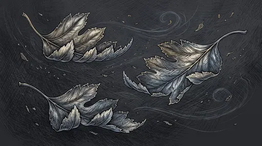 Scratchboard Illustration of Three Windblown Leaves