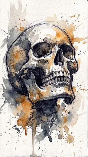 Watercolor and Ink Human Skull Sketch