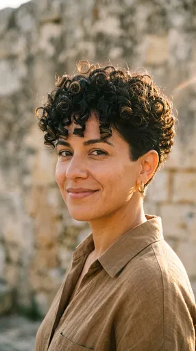 Woman With Curly Pixie Cut Outdoors