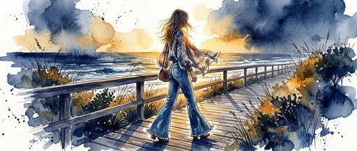 Watercolor Woman Walking on Coastal Boardwalk