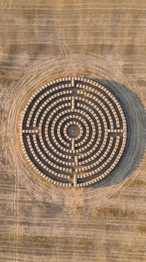 Aerial View of Circular Hay Bale Maze