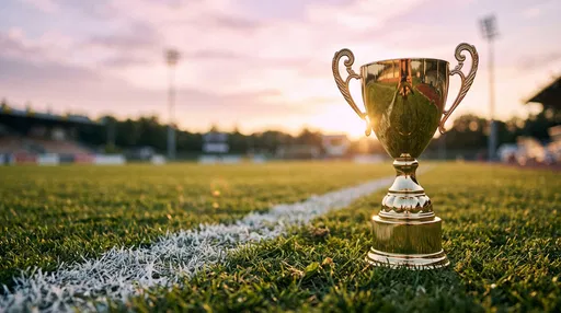 Gold Trophy on Stadium Turf at Sunset