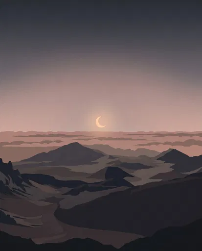 Minimalist Mountain Landscape with Crescent Moon