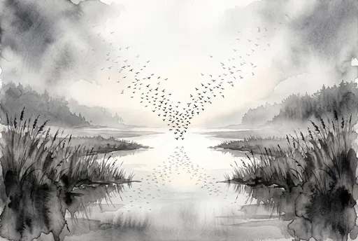 Monochrome Watercolor Estuary With Rising Birds