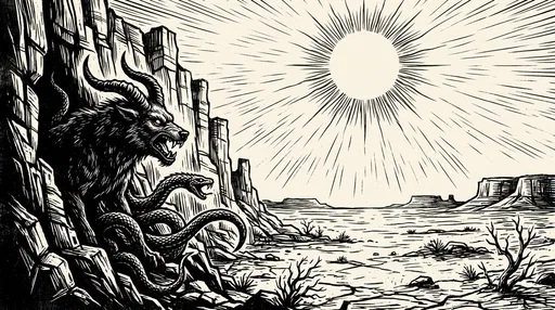 Woodcut Illustration of Mythic Desert Beast