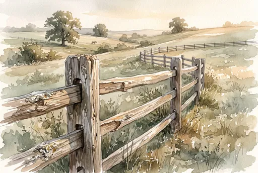 Watercolor Split-Rail Fence in Rolling Pastures