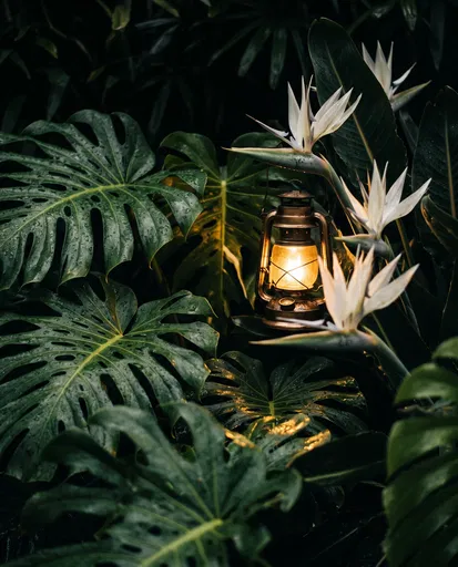 Glowing Lantern in Nocturnal Tropical Garden