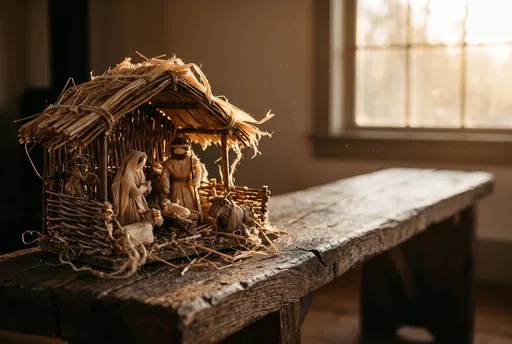 Rustic Corn Husk Nativity Set on Bench