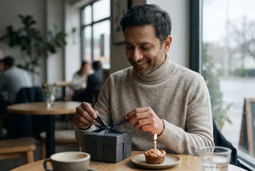 Man Opening Birthday Gift at Cafe