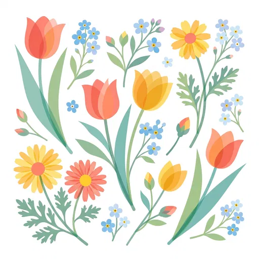 Semi-Transparent Spring Flowers Vector Illustration Set
