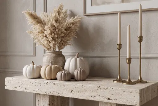 Neutral Ceramic Pumpkins and Brass Candlesticks
