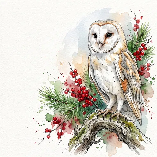 Watercolor Barn Owl With Winter Berries