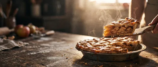 Steaming Apple Pie Slice on Rustic Table