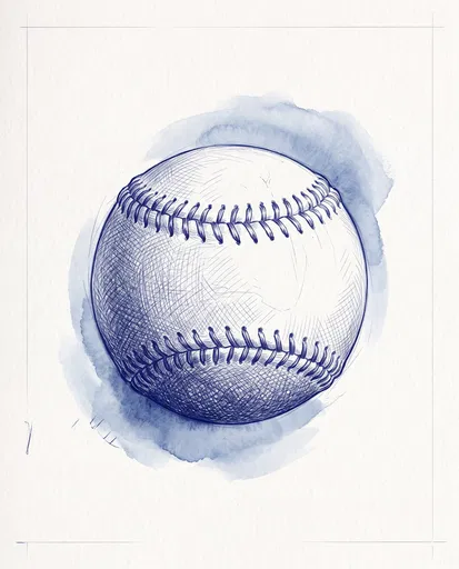 Blue Ink Baseball Sketch with Wash