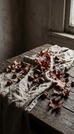 Autumn Acorns and Leaves on Linen