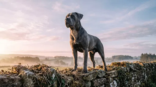Blue Cane Corso on Stone Wall