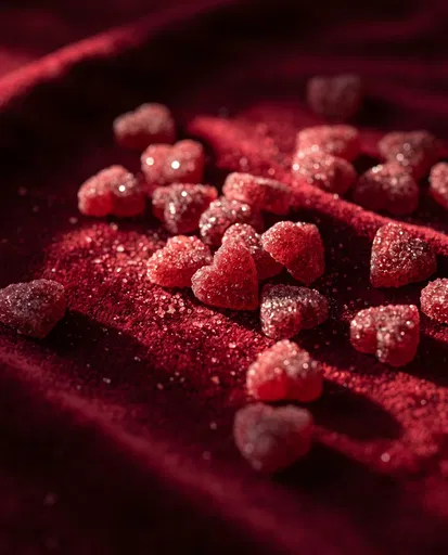 Red Sugar Crystal Hearts on Velvet