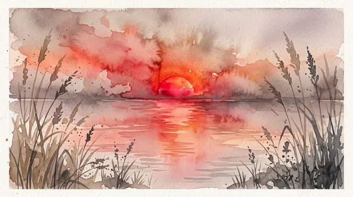 Crimson Sunset Over Lake Watercolor Illustration