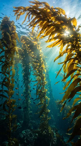 Sunlight Piercing Underwater Giant Kelp Forest