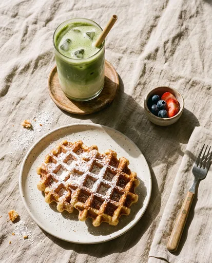 Iced Matcha Latte and Belgian Waffles