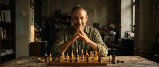 Confident Man Seated Behind Wooden Chessboard