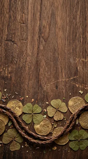 Dried Clovers and Gold Coins on Wood