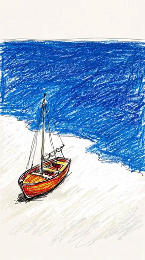 Crayon Sketch of Sailboat on Beach