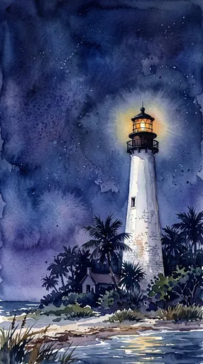 Watercolor Lighthouse Under Starry Night Sky