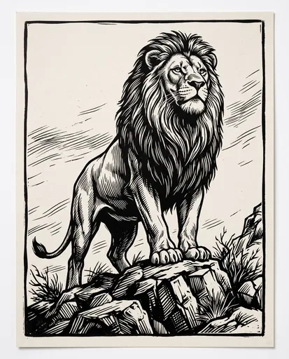 Woodcut Style Ink Drawing of Male Lion