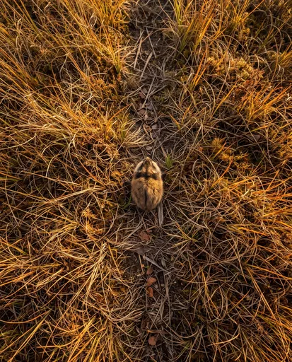 Overhead View of Lemming in Golden Grass