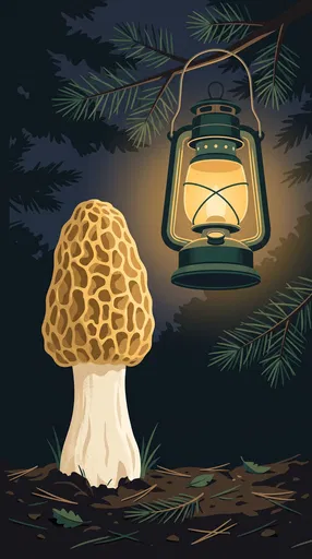Morel Mushroom Under Glowing Camp Lantern