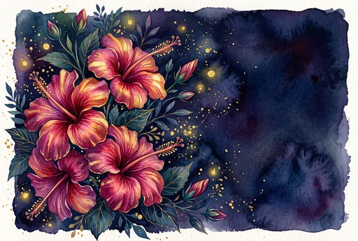 Watercolor Magenta and Gold Hibiscus Illustration