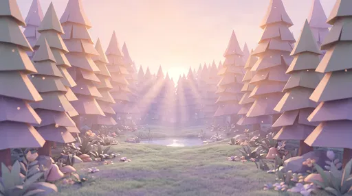 Pastel Stylized 3D Pine Forest Clearing