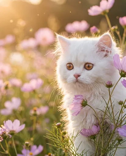 White Persian Kitten in Cosmos Meadow