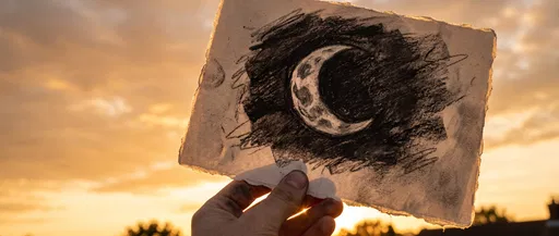 Hand Holding Charcoal Moon Sketch at Sunset