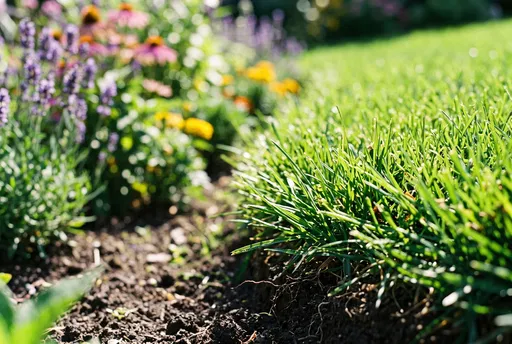 Sunlit Green Lawn Edge and Flower Bed