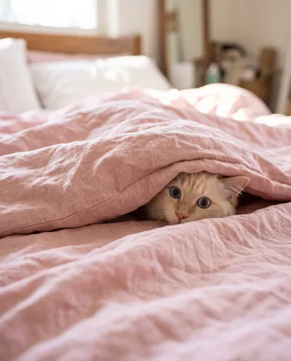 Cream Cat Hiding Under Pink Linen Sheet