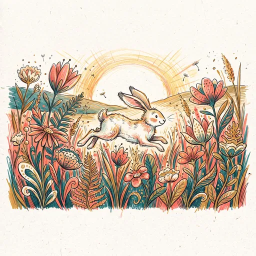 Whimsical Rabbit Hopping Through Wildflowers Illustration