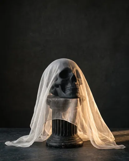 Veiled Black Skull on Fluted Pedestal