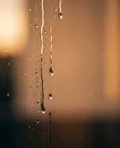 Raindrops Trickling Down Warm Lit Glass