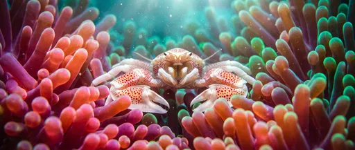 Spotted Porcelain Crab in Colorful Sea Anemone